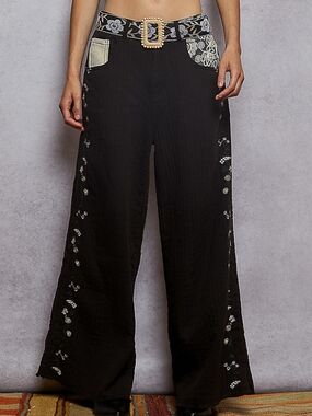 POL Embroidered Wide-Leg Gauze  Black Pants